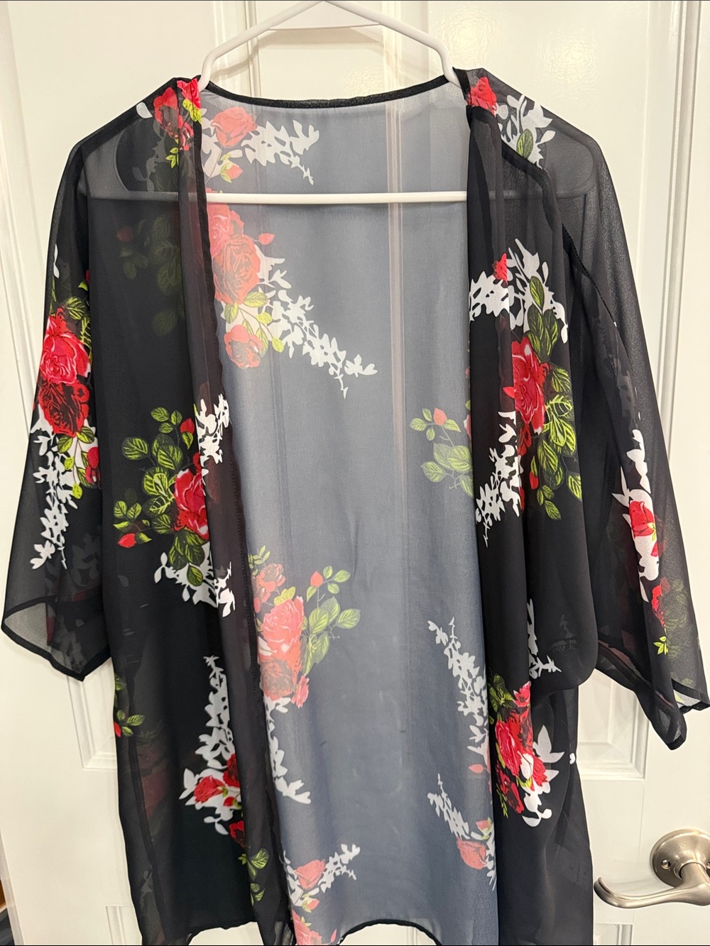 Black Floral Sheer Kimono Cardigan - Red Rose Print